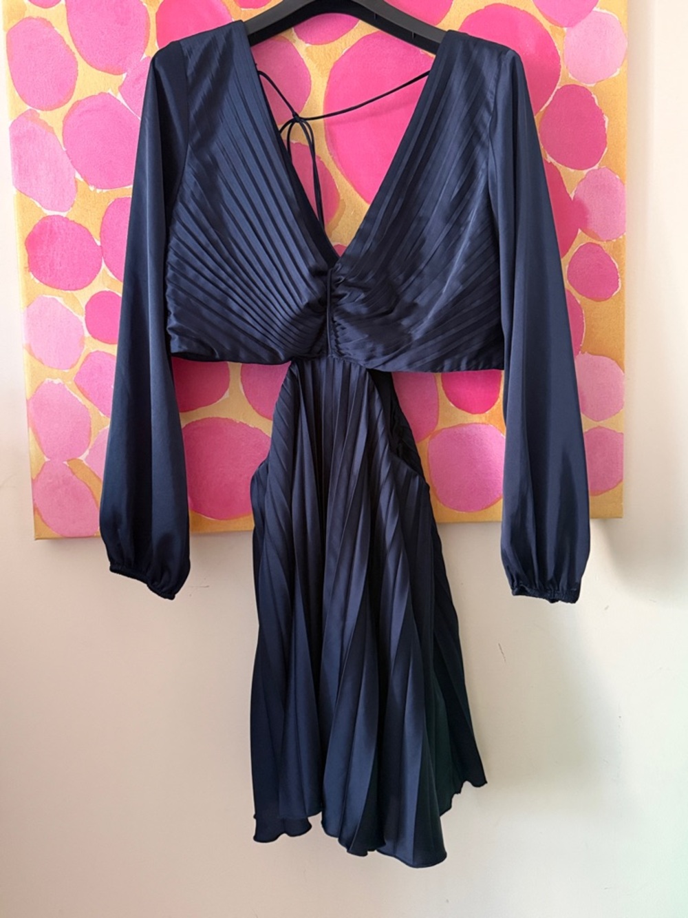 💙Valentino Navy Pleated Cutout Long-Sleeve Dress